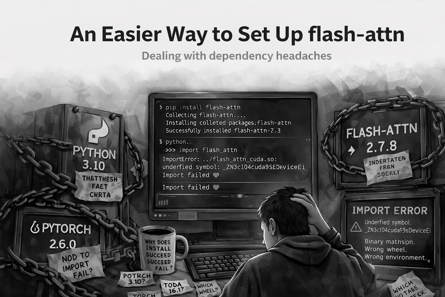 Illustration of a flash-attn setup where installation appears to succeed but import fails because Python, PyTorch, CUDA, and ABI dependencies do not line up.